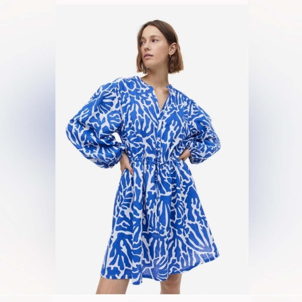 H&M Linen blend dress bright  blue/white patterned.Size medium